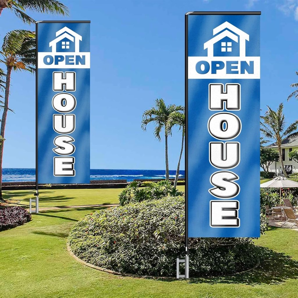 11FT Open House Rectangle Flag Banners with Pole and Ground Stake (Blue 1)