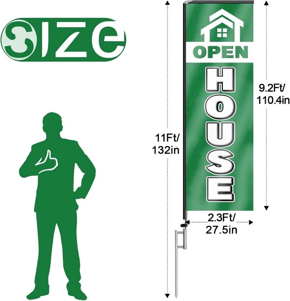 11FT Open House Rectangle Flag Banners with Pole and Ground Stake (Green)