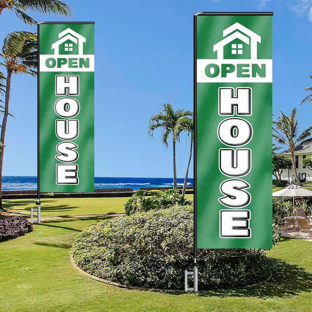 11FT Open House Rectangle Flag Banners with Pole and Ground Stake (Green)