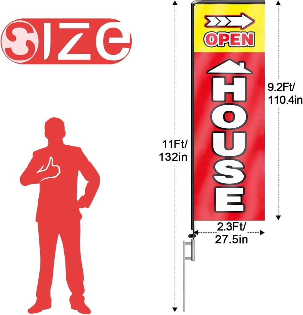 11FT Open House Rectangle Flag Banners with Pole and Ground Stake (Red)