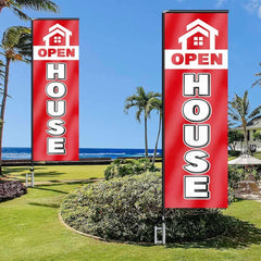 11FT Open House Rectangle Flag Banners with Pole and Ground Stake (Red)