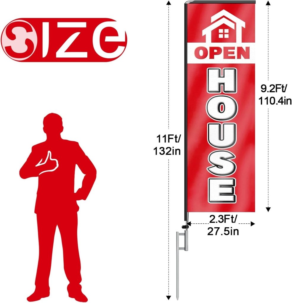 11FT Open House Rectangle Flag Banners with Pole and Ground Stake (Red)