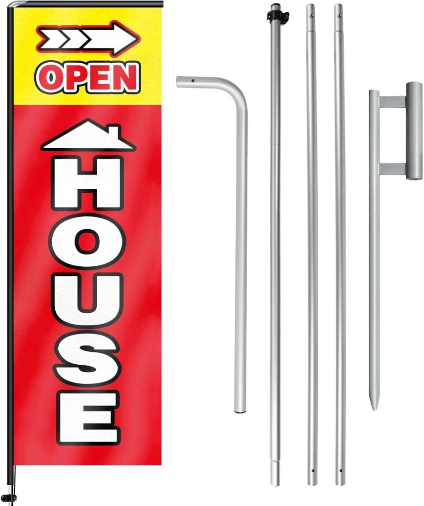 11FT Open House Rectangle Flag Banners with Pole and Ground Stake (Red)