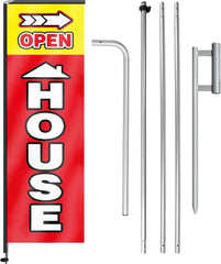 11FT Open House Rectangle Flag Banners with Pole and Ground Stake (Red)