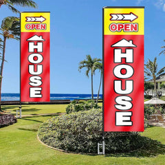 11FT Open House Rectangle Flag Banners with Pole and Ground Stake (Red)