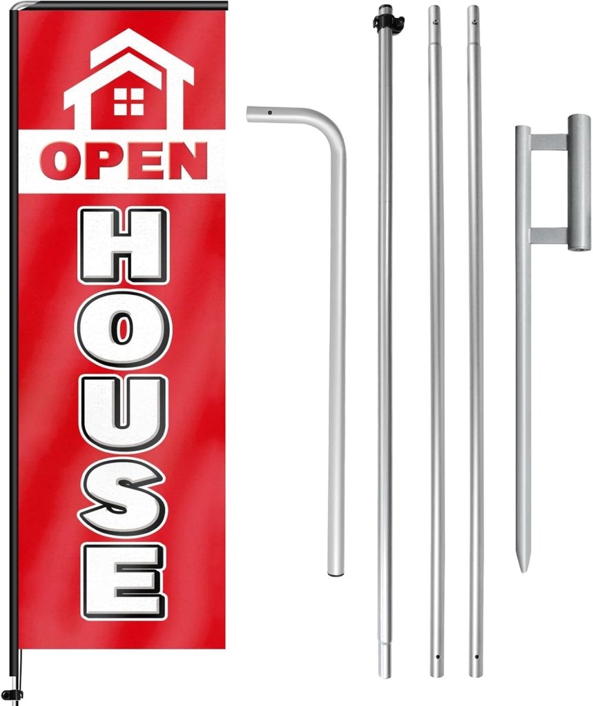 11FT Open House Rectangle Flag Banners with Pole and Ground Stake (Red)