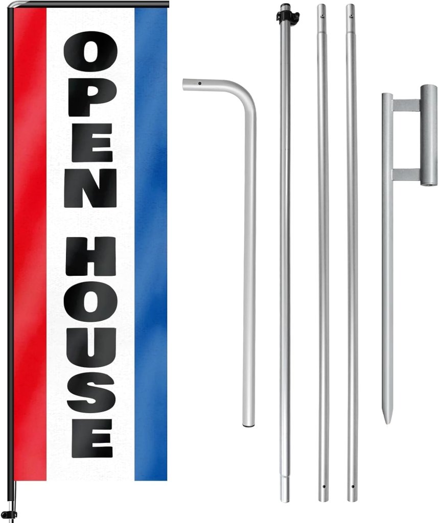 11FT Open House Rectangle Flag Banners with Pole and Ground Stake (Red/Black)