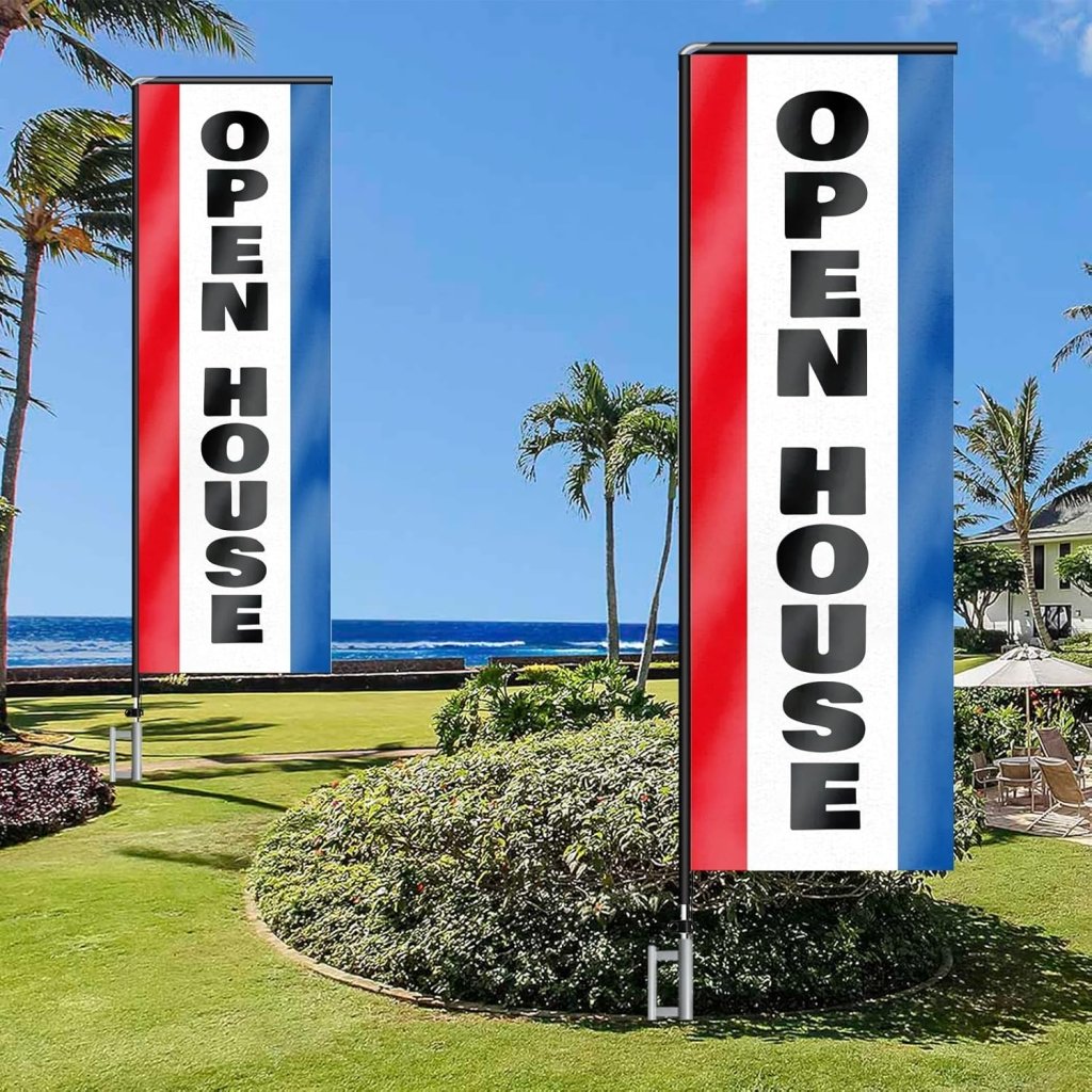 11FT Open House Rectangle Flag Banners with Pole and Ground Stake (Red/Black)