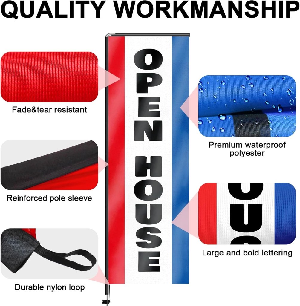 11FT Open House Rectangle Flag Banners with Pole and Ground Stake (Red/Black)