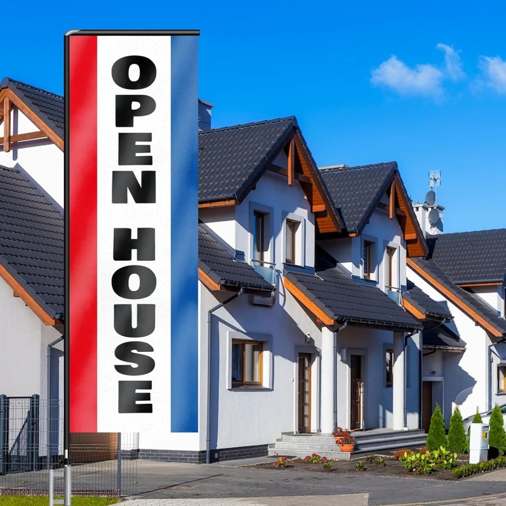 11FT Open House Rectangle Flag Banners with Pole and Ground Stake (Red/Black)