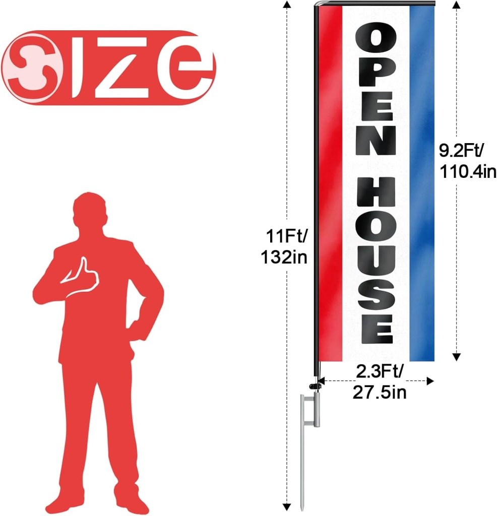 11FT Open House Rectangle Flag Banners with Pole and Ground Stake (Red/Black)