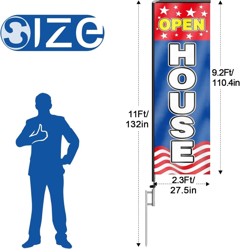 11FT Open House Rectangle Flag Banners with Pole and Ground Stake (Red/Blue)