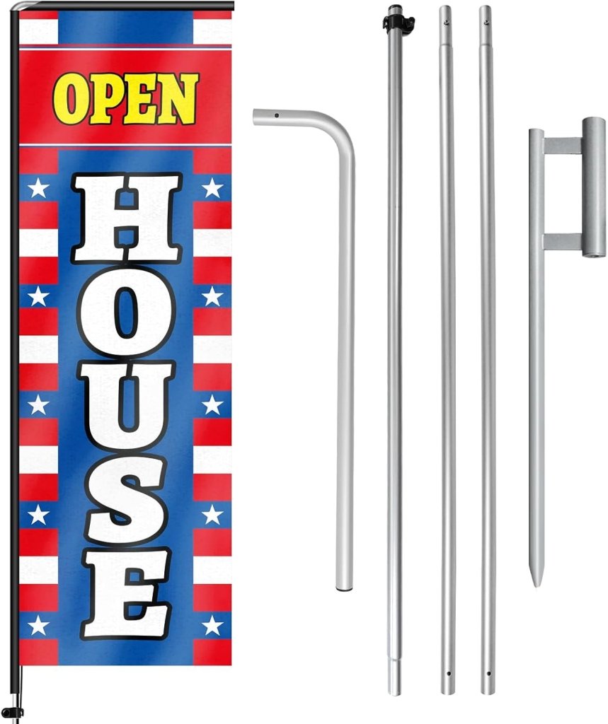 11FT Open House Rectangle Flag Banners with Pole and Ground Stake (Red/Blue)