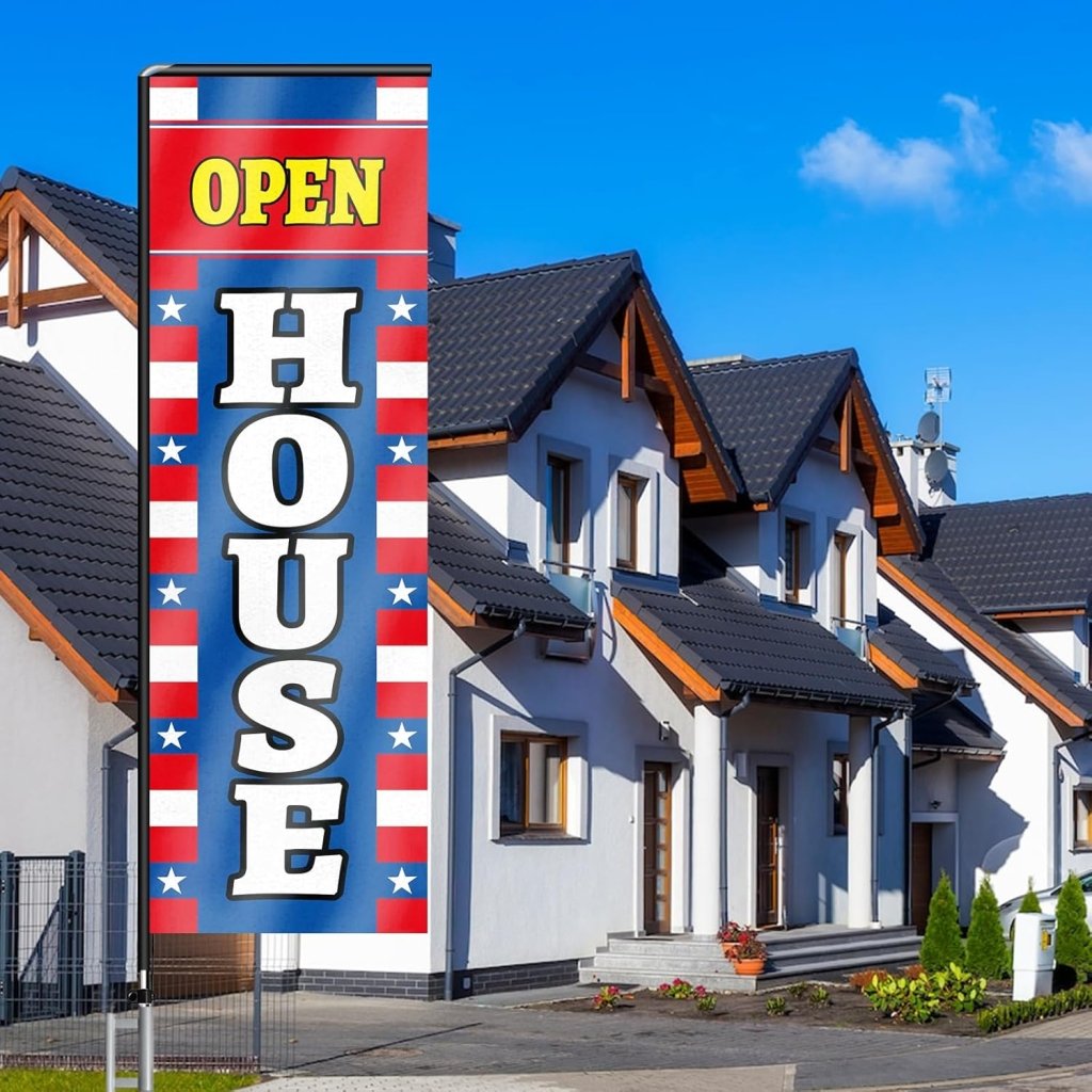 11FT Open House Rectangle Flag Banners with Pole and Ground Stake (Red/Blue)