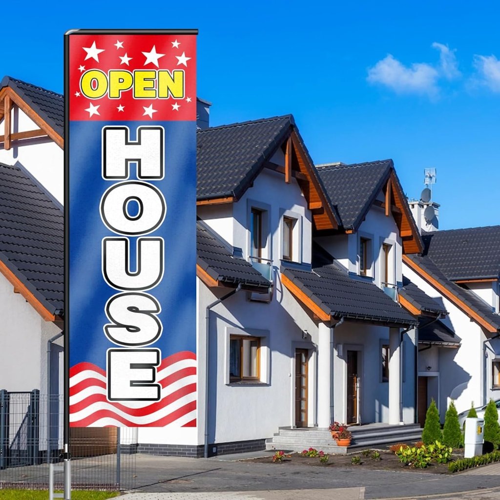 11FT Open House Rectangle Flag Banners with Pole and Ground Stake (Red/Blue)