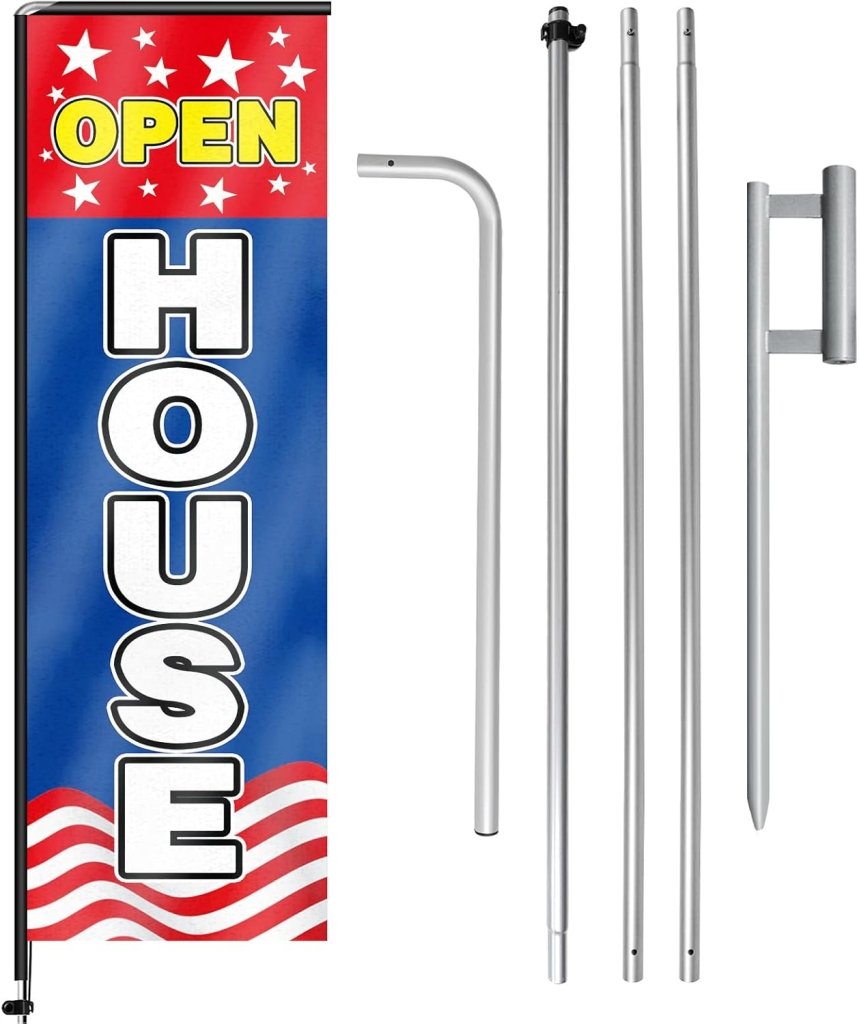 11FT Open House Rectangle Flag Banners with Pole and Ground Stake (Red/Blue)