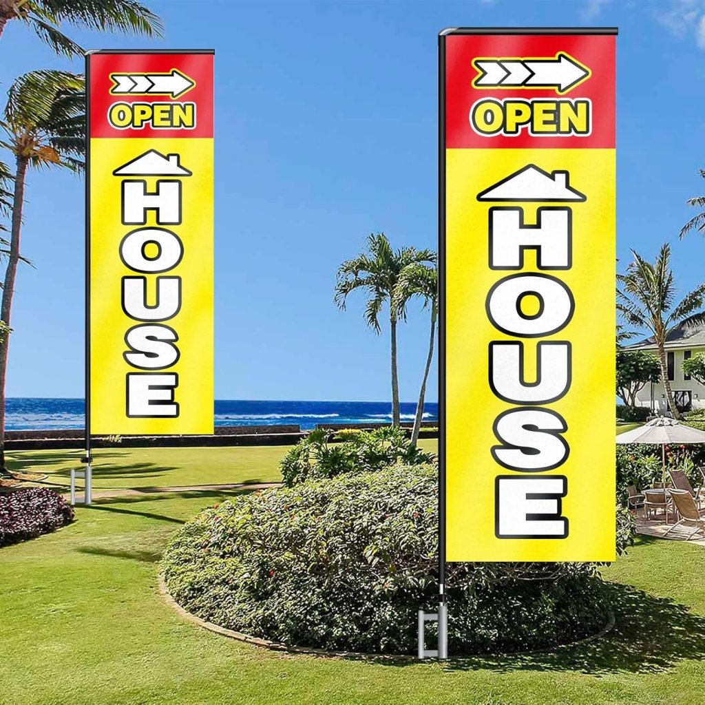 11FT Open House Rectangle Flag Banners with Pole and Ground Stake (Yellow)