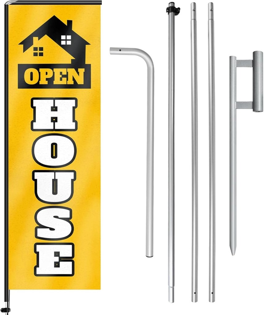 11FT Open House Rectangle Flag Banners with Pole and Ground Stake (Yellow)