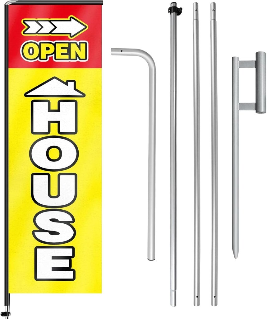 11FT Open House Rectangle Flag Banners with Pole and Ground Stake (Yellow)