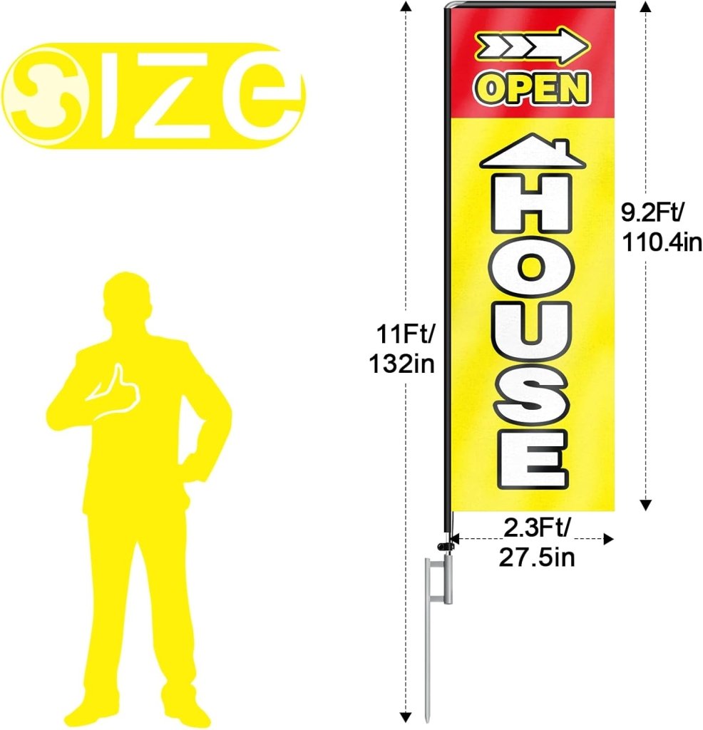 11FT Open House Rectangle Flag Banners with Pole and Ground Stake (Yellow)