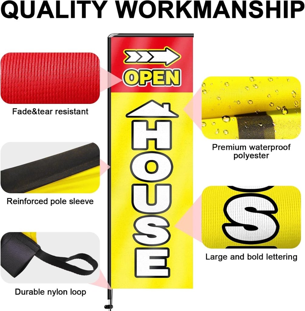 11FT Open House Rectangle Flag Banners with Pole and Ground Stake (Yellow)