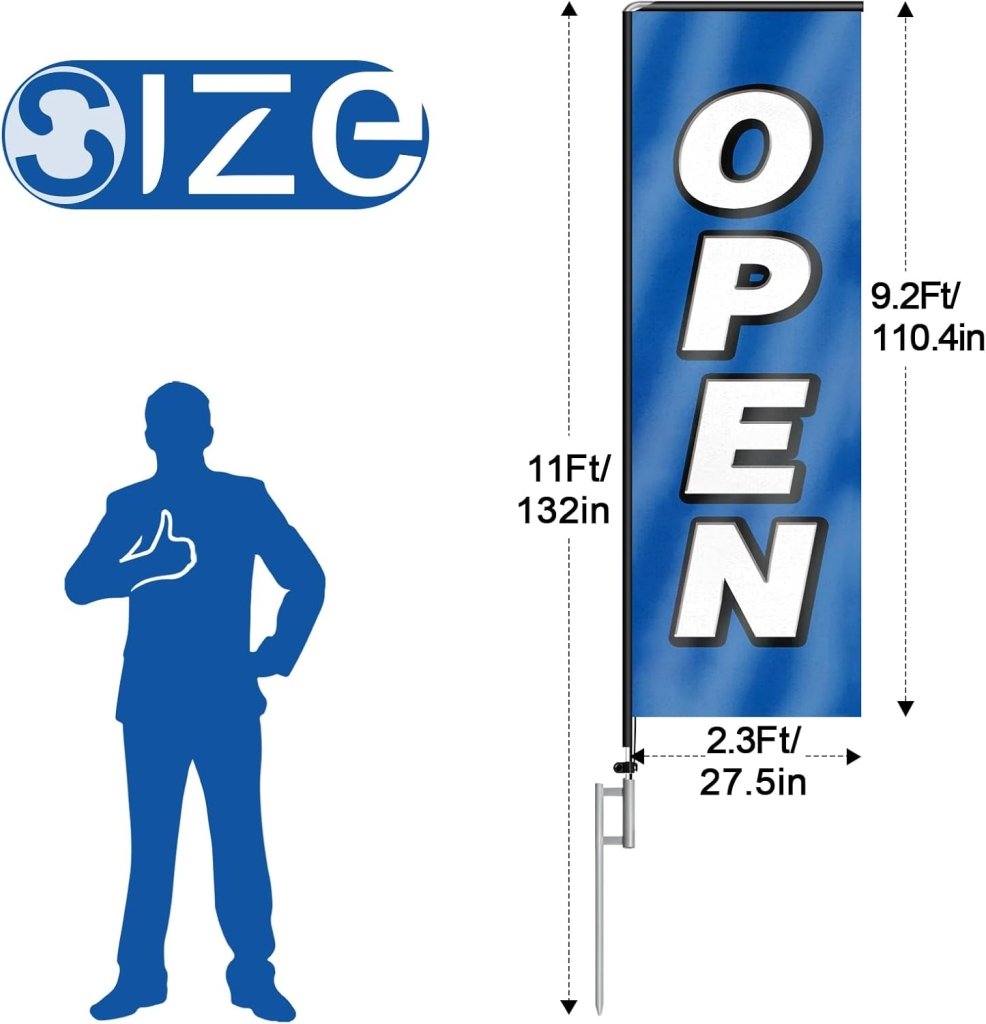 11FT Open Rectangle Flag Banners with Pole and Ground Stake (Blue)