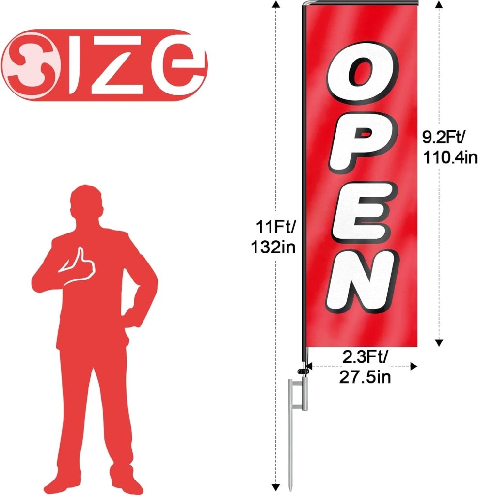 11FT Open Rectangle Flag Banners with Pole and Ground Stake (Red)