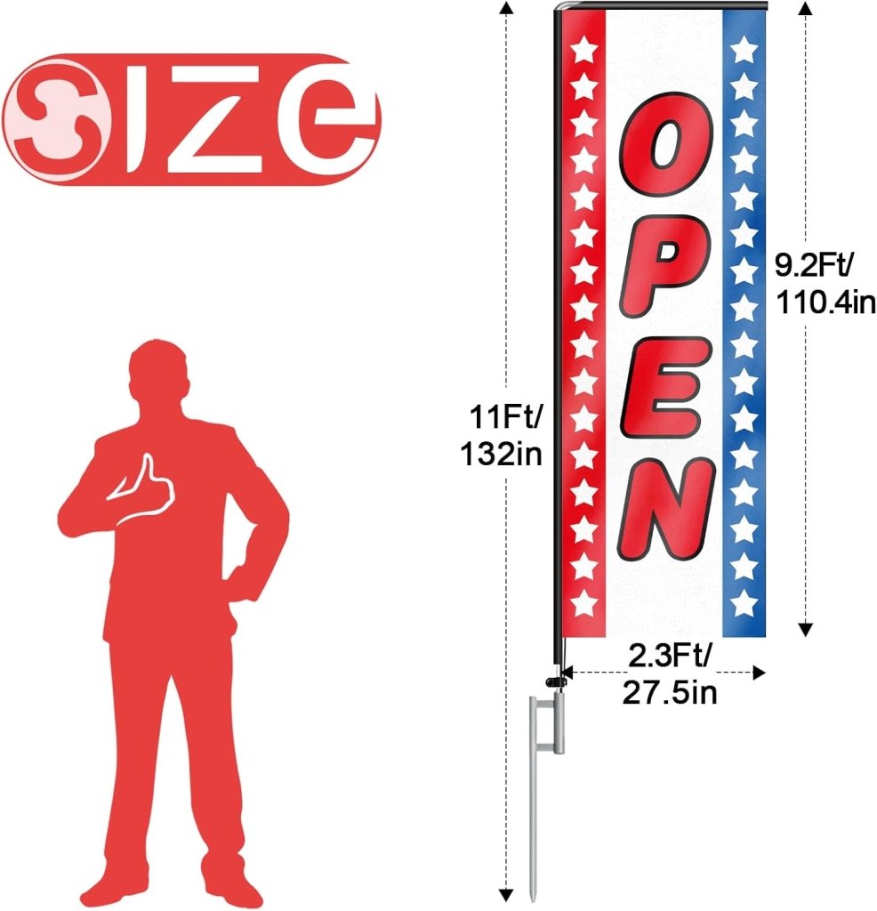 11FT Open Rectangle Flag Banners with Pole and Ground Stake (Red/Blue)