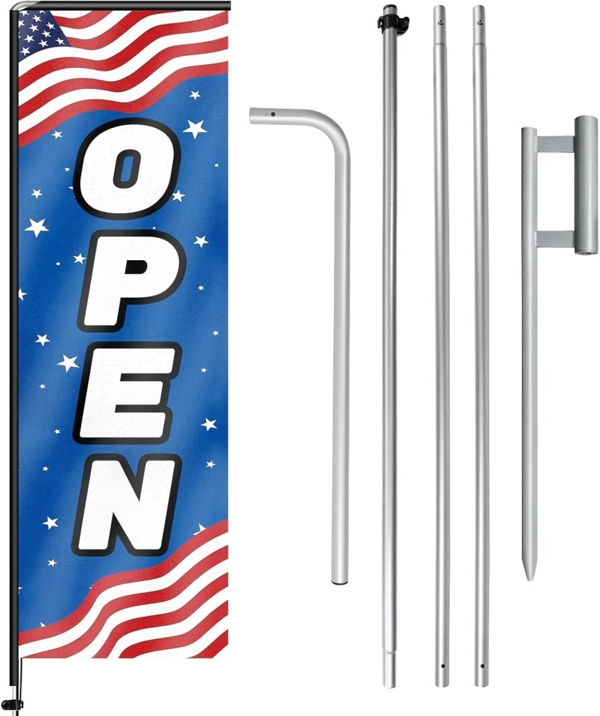 11FT Open Rectangle Flag Banners with Pole and Ground Stake (Us Flag)