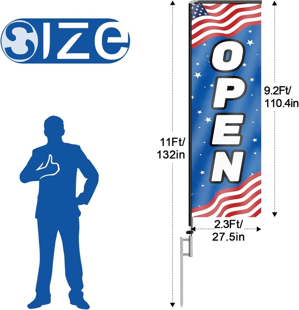 11FT Open Rectangle Flag Banners with Pole and Ground Stake (Us Flag)