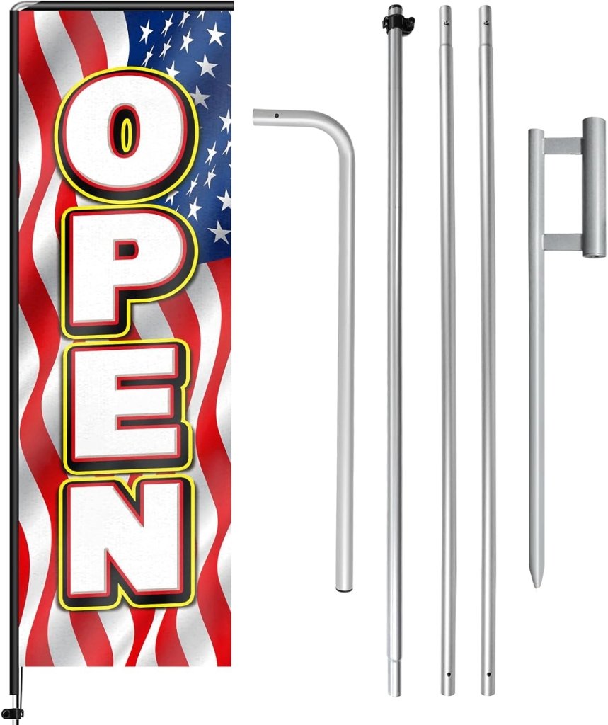 11FT Open Rectangle Flag Banners with Pole and Ground Stake (Us Flag)