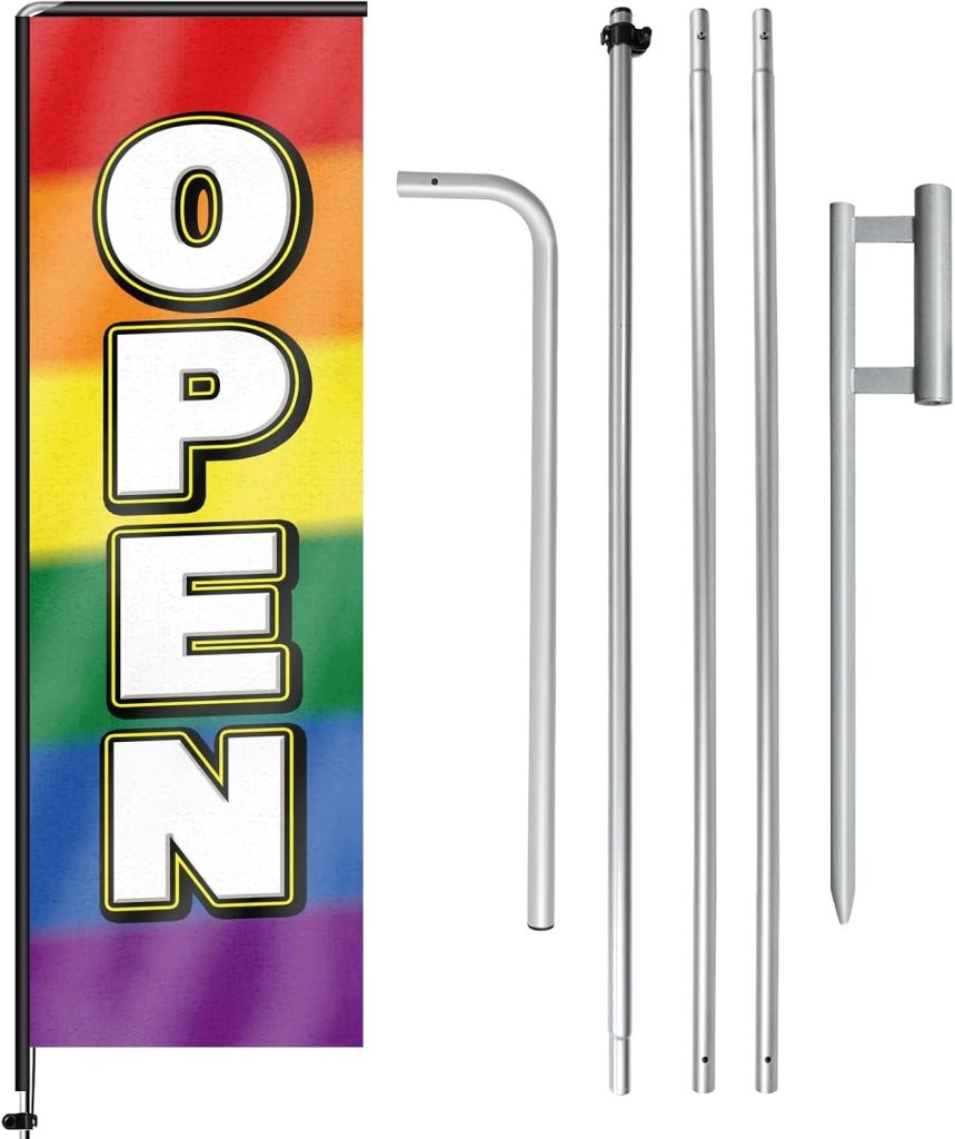 11FT Open Sign Rectangle Flag Banners with Pole and Ground Stake (Multicolor)