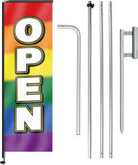 11FT Open Sign Rectangle Flag Banners with Pole and Ground Stake (Multicolor)