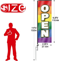 11FT Open Sign Rectangle Flag Banners with Pole and Ground Stake (Multicolor)