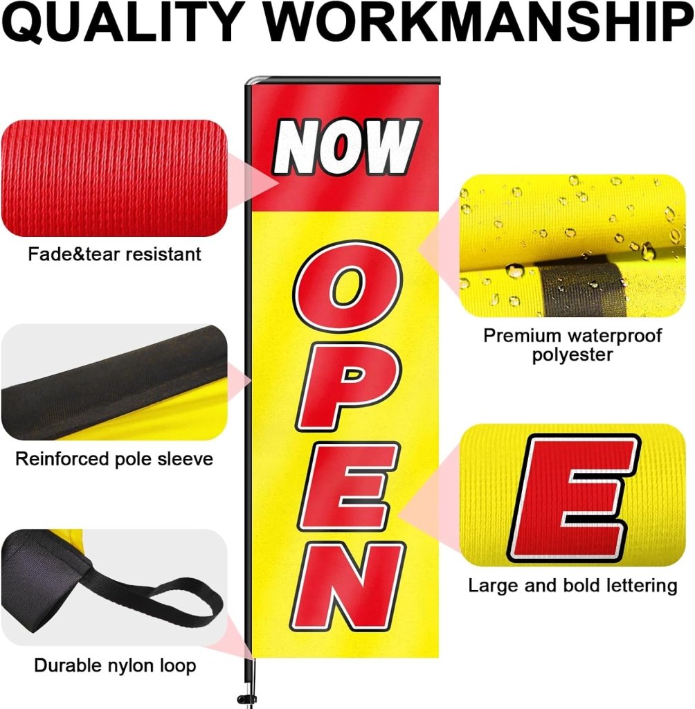 11FT Open Sign Rectangle Flag Banners with Pole and Ground Stake (Red/Yellow)