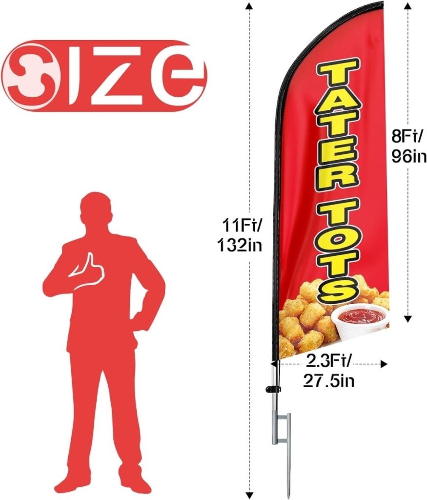 11ft Tater Tots Feather Flag Kit with Snack Sign - Advertising Banner, Pole, and Stake - FSFlag