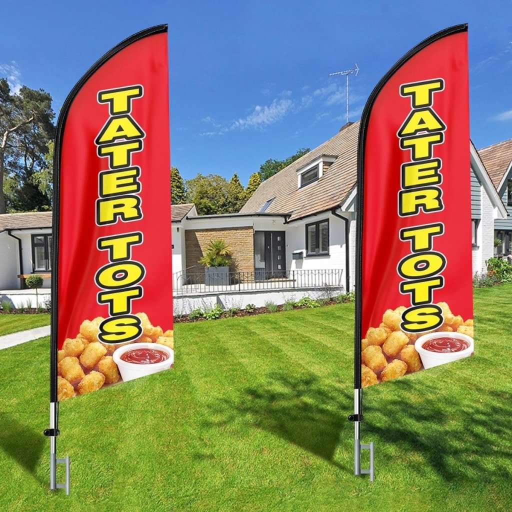 11ft Tater Tots Feather Flag Kit with Snack Sign - Advertising Banner, Pole, and Stake - FSFlag