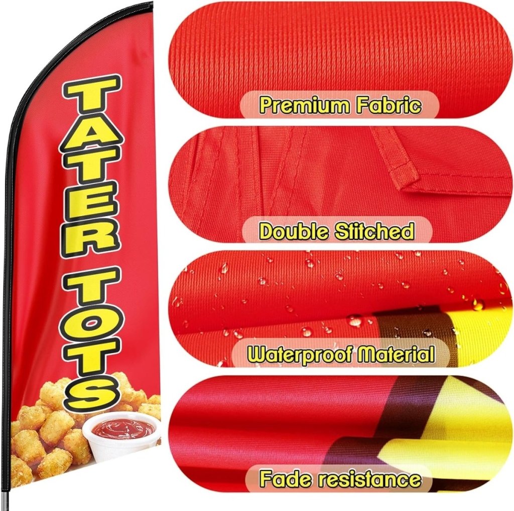 11ft Tater Tots Feather Flag Kit with Snack Sign - Advertising Banner, Pole, and Stake - FSFlag