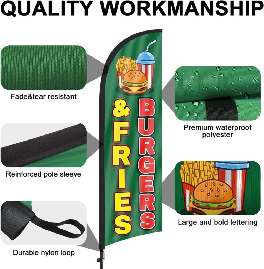 8ft Burgers and Fries Feather Flag Kit - Advertising Banner with Pole and Stake - FSFlag