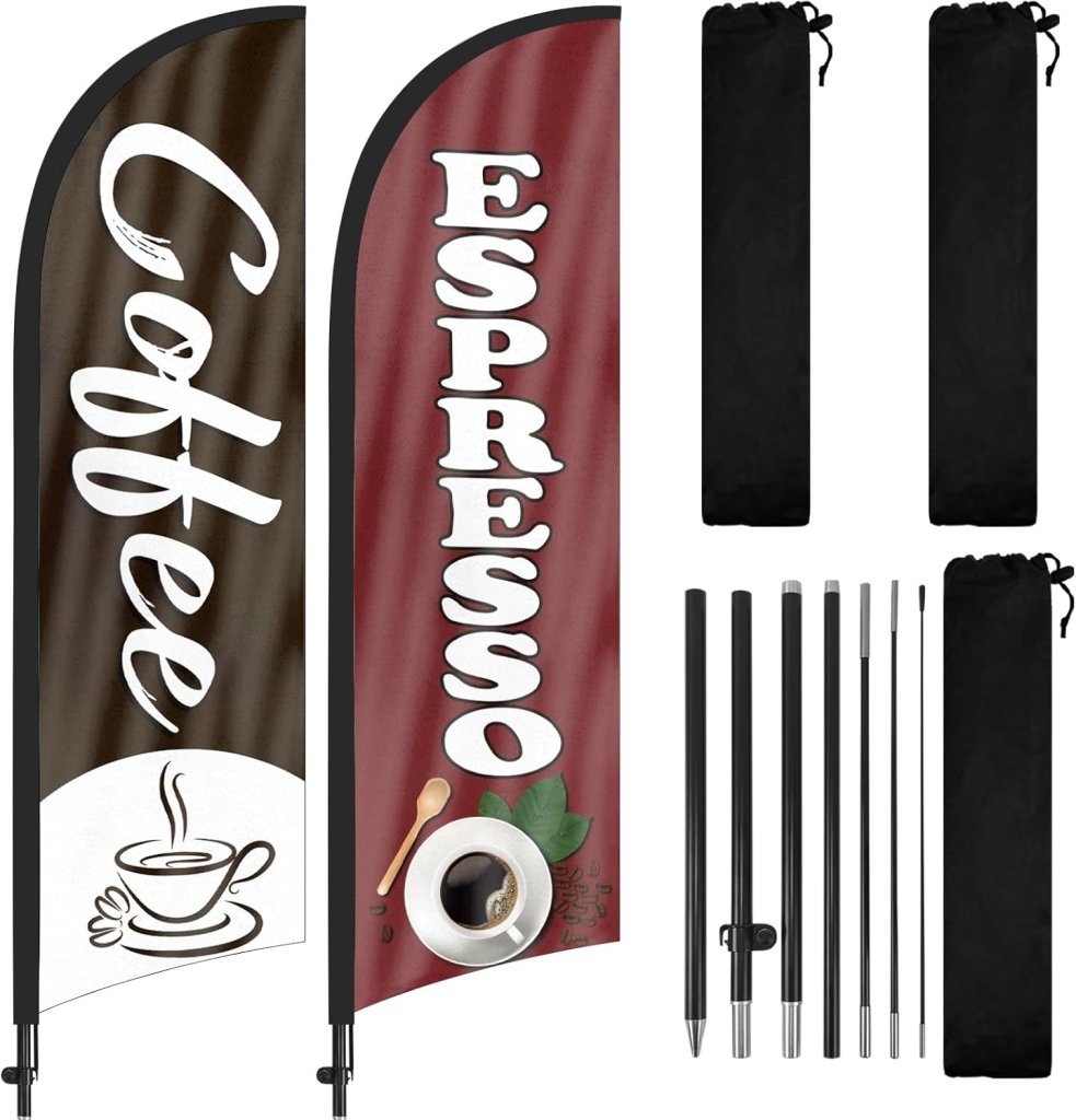 8Ft Coffee Feather Flag with Flag Pole and Ground Stake 2Pack