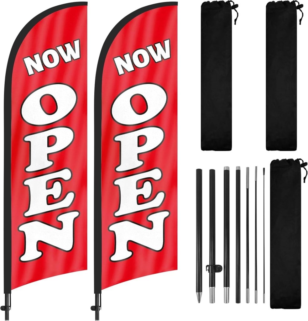 8FT Now Open Advertising Feather Banner Sign for Business 2Pack(Red)