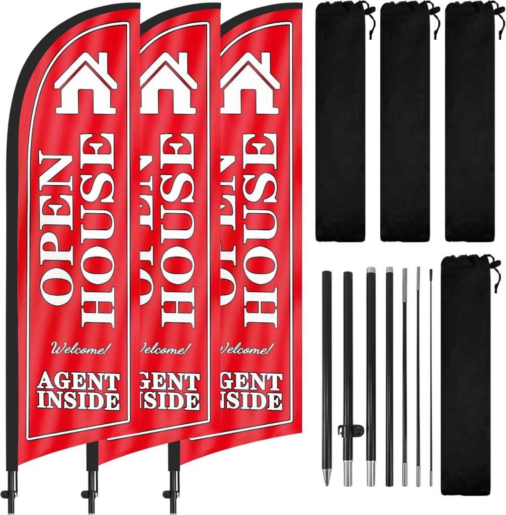 8FT Open House Feather Flag Sign Banner for Outside 3Pack(Red)