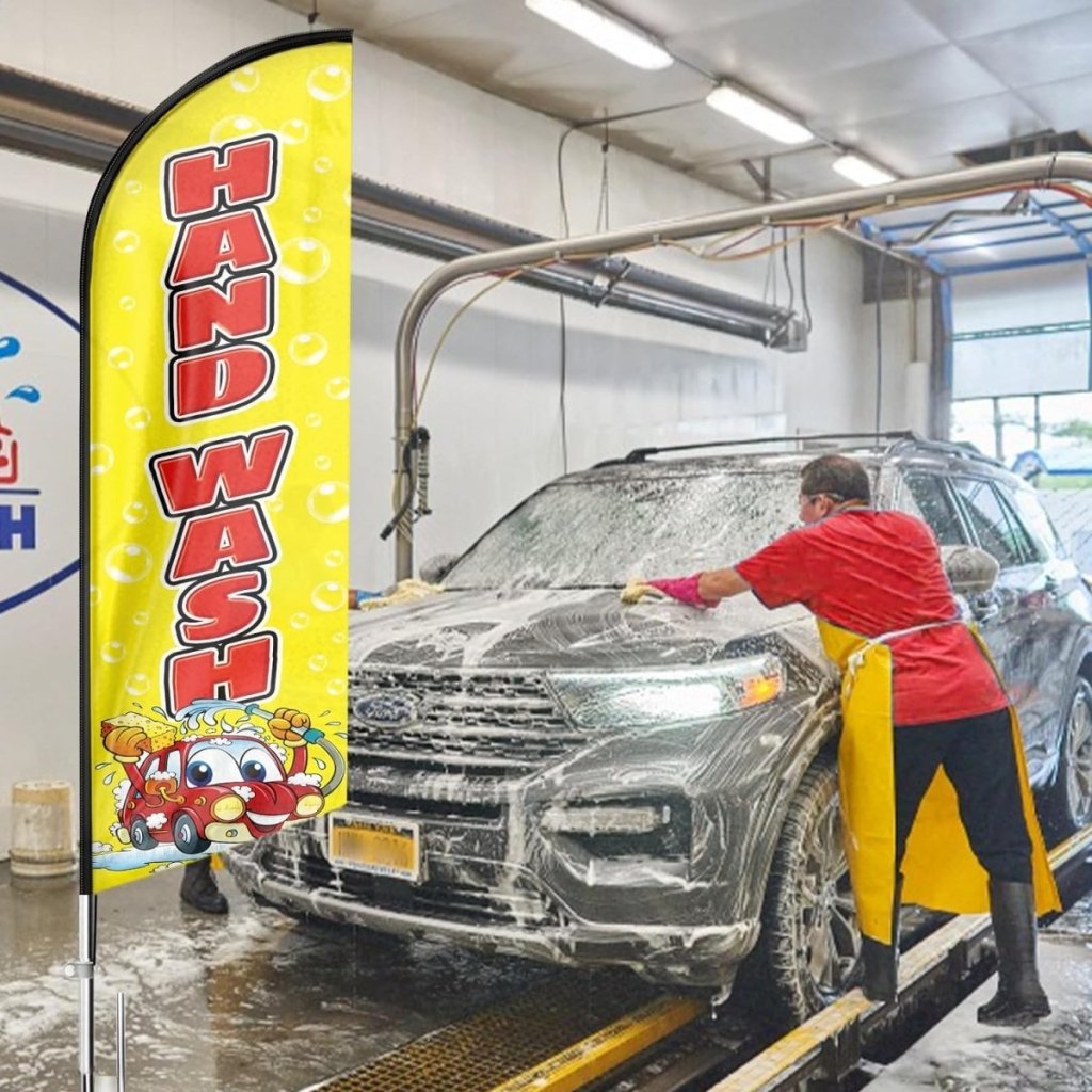 Car Wash Signs - 8ft Yellow Hand Wash Feather Flag for Hand Wash Business - FSFlag