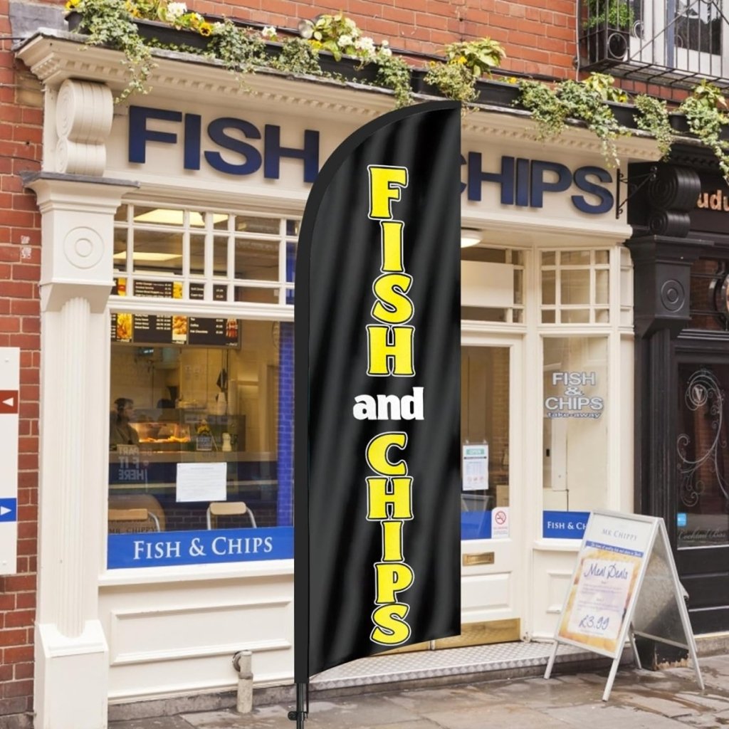 Fish and Chips Sign Flag Kit - 8ft Fish and Chips Feather with Pole and Stake - FSFlag