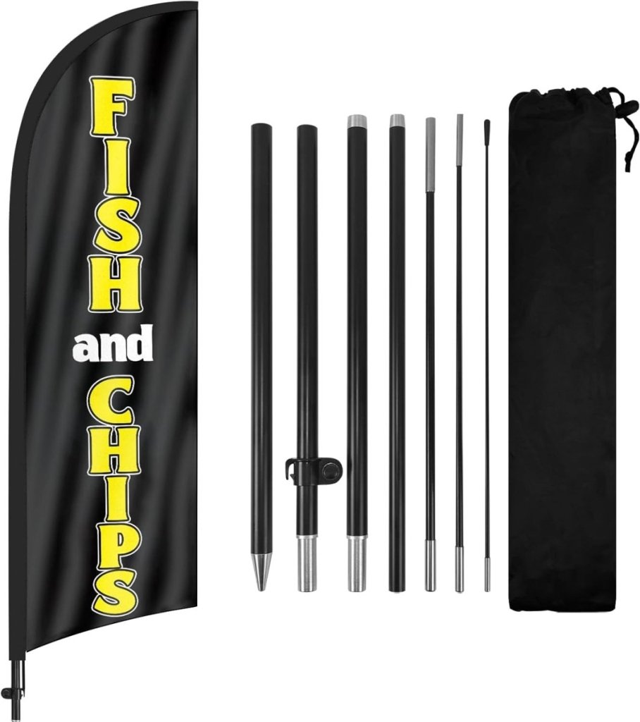 Fish and Chips Sign Flag Kit - 8ft Fish and Chips Feather with Pole and Stake - FSFlag