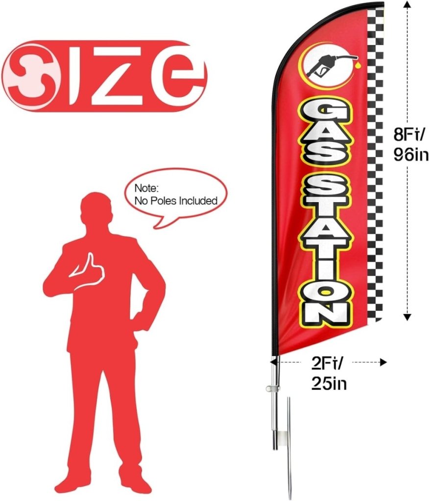 Gas Station Signs - 8ft Red Gas Station Feather Flag for Gas Station Business（Flagpole Not Included） - FSFlag