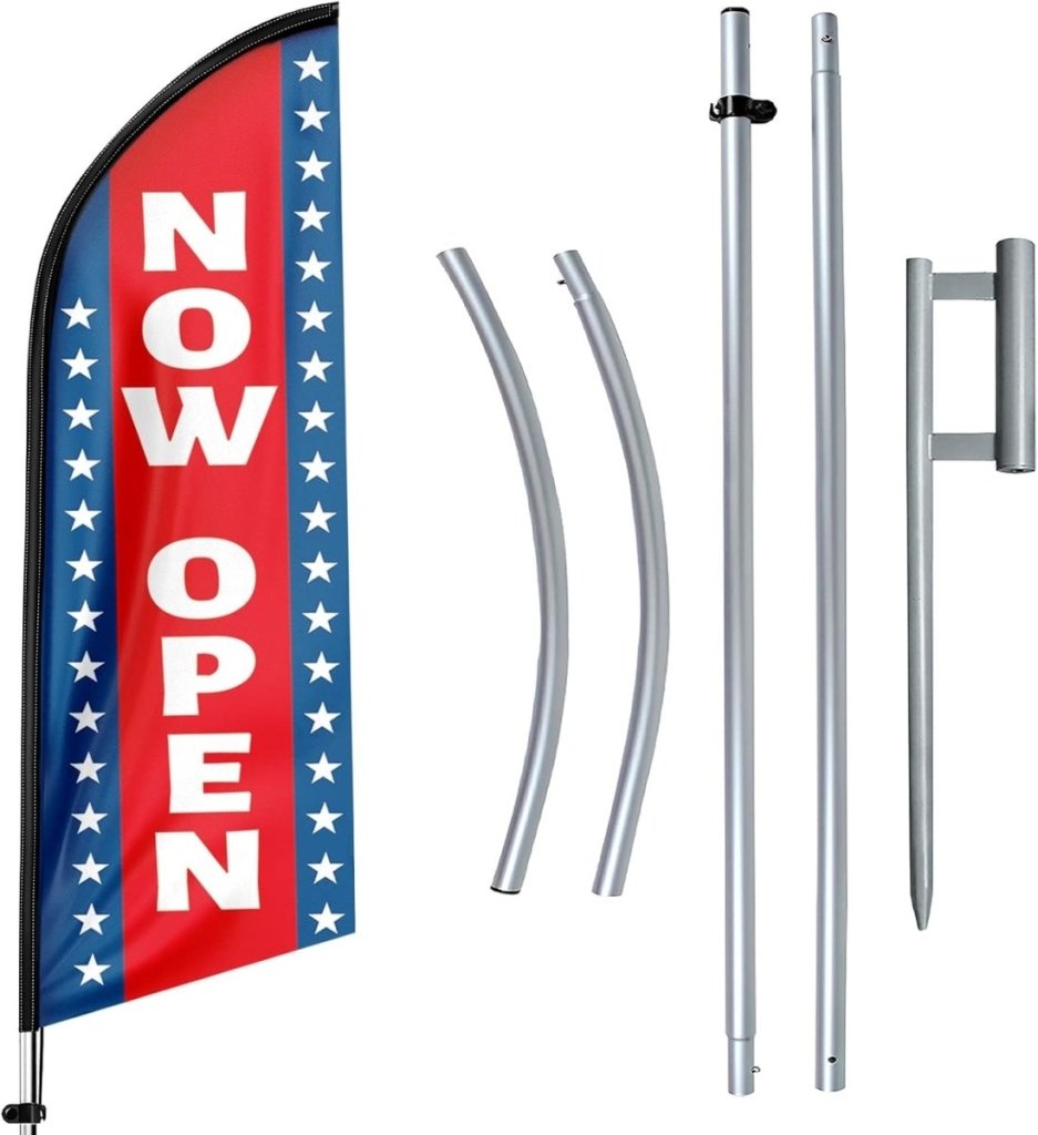 Now Open Flags - 11Ft Now Open Flag with Pole and Ground Stake - FSFlag