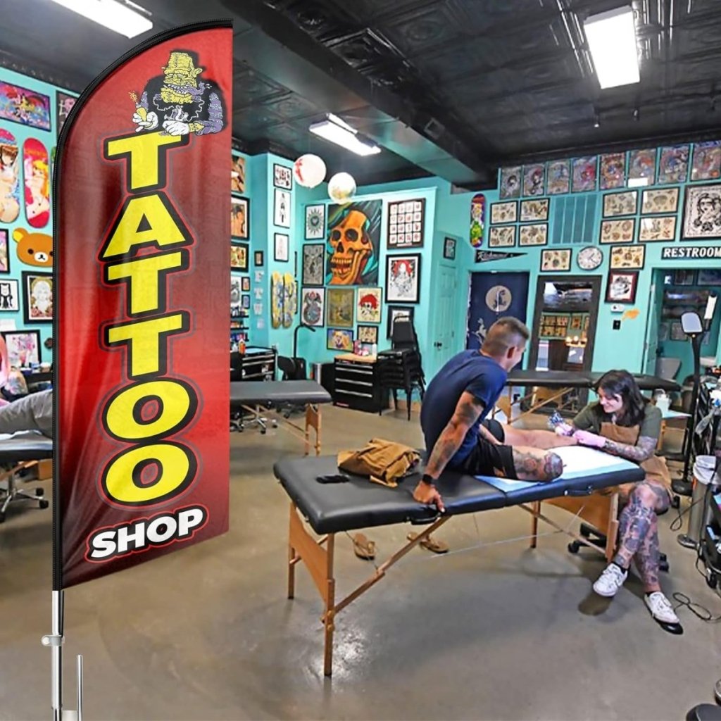 Tattoos Feather Flag: Advertising Banner for Tattoo Shop Business (8ft Flagpole Not Included) - FSFlag