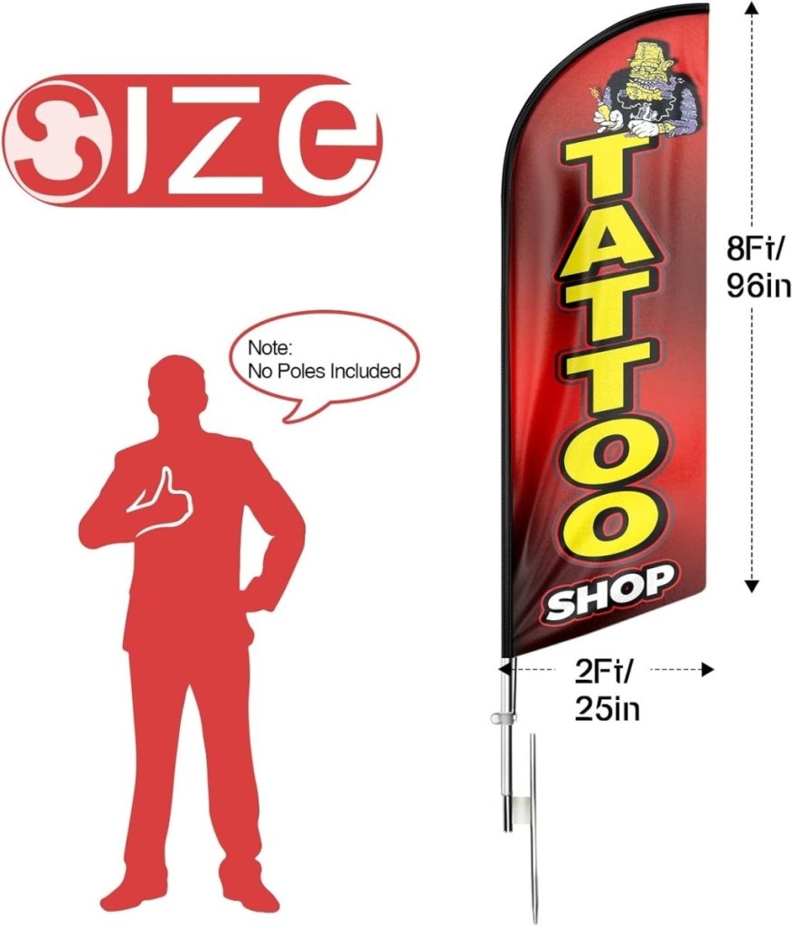 Tattoos Feather Flag: Advertising Banner for Tattoo Shop Business (8ft Flagpole Not Included) - FSFlag