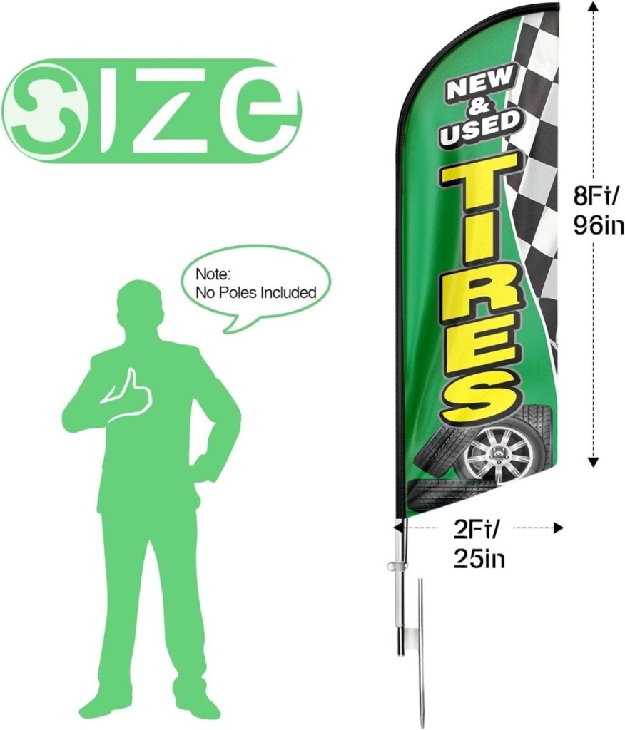 Tire Shop Flags - 8ft Green New&Used Tires Feather Flag for New&Used Tires Business（Flagpole Not Included） - FSFlag